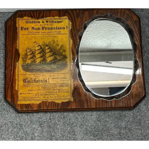 Antique “Glidden & Williams’ Line For SF” Ship Handcrafted Wood Inlay Mirror Vtg