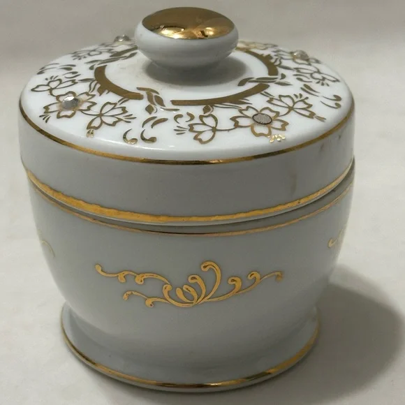 Vintage Lefton Vanity Trinket Jar Ornate Gold Floral Rhinestone #180