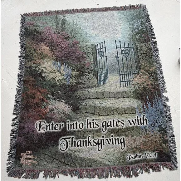 Thomas Kinkade Tapestry Wall Hanging Enter Gates Thanksgiving Bible Verse Psalms