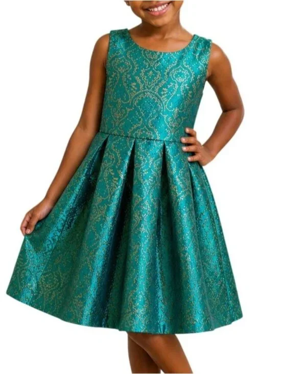 Place Little Girls Size 5 Dress Teal Sleeveless Gold Brocade Bow Back Party Chic