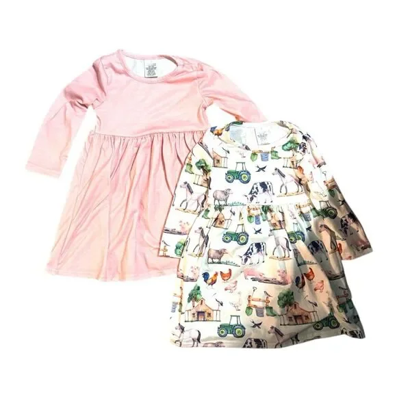 Toddler Girls Dress Bundle 2-Pack Size 3T Long Sleeve Farm Print + Blush Pink