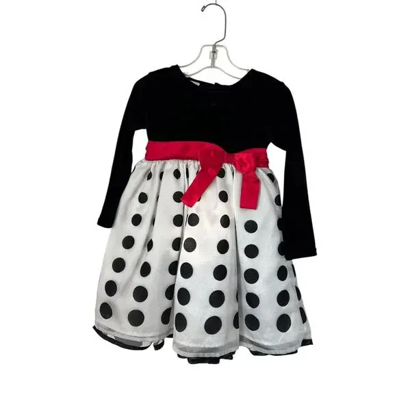 Wonder Kids Dress Girls Size 3T Soft Black White Velvet Polka Dot Red Bow