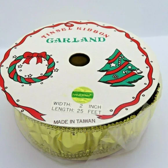 Vintage Gold Tinsel Ribbon Garland 2 inch Width 25 feet Length Taiwan Sealed