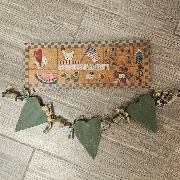 Country Sampler Wall Hanging with Green Heart Garland