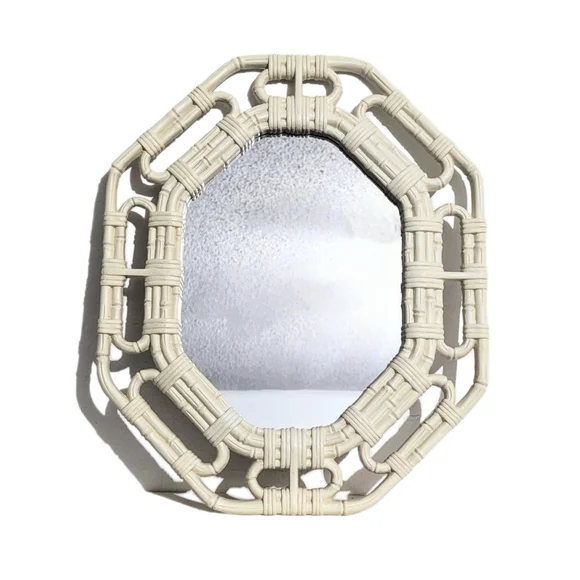 Vintage Off White Cream Oval Octagonal Faux Bamboo Wicker Plastic Mirror Homco