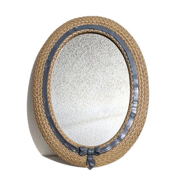 Vintage Cottagecore Basket Weave Blue Bow Oval Mirror Burwood Oval Mirror