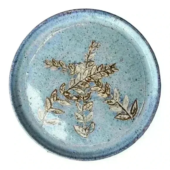 VTG Handcrafted decorative blue pottery plate with wheat (or leaf) detail signed