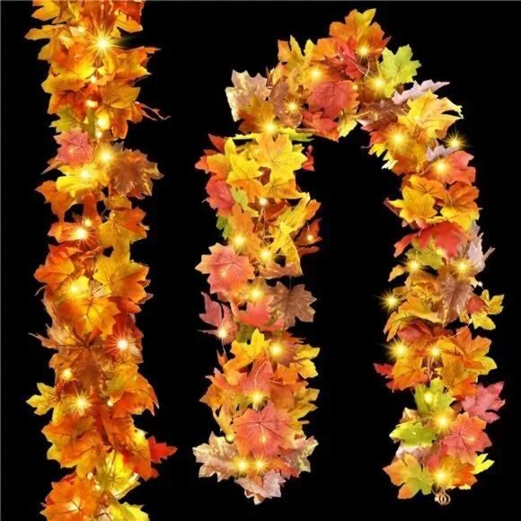 2PCS Fall Garland with Light, Fall Leaves Decor Garland Lights 40 LED