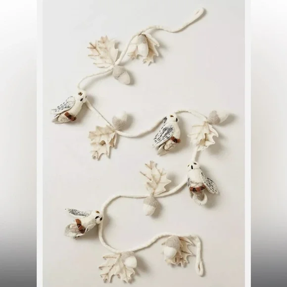 Anthropologie Garland FELTED OWL Leaves Holiday Wool Neutral Ivory Rope 6' NWT