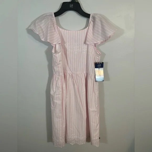 GAP Kids Pink Striped Woven Dress XL (14/16) Flutter Sleeves Eyelet Hem NWT