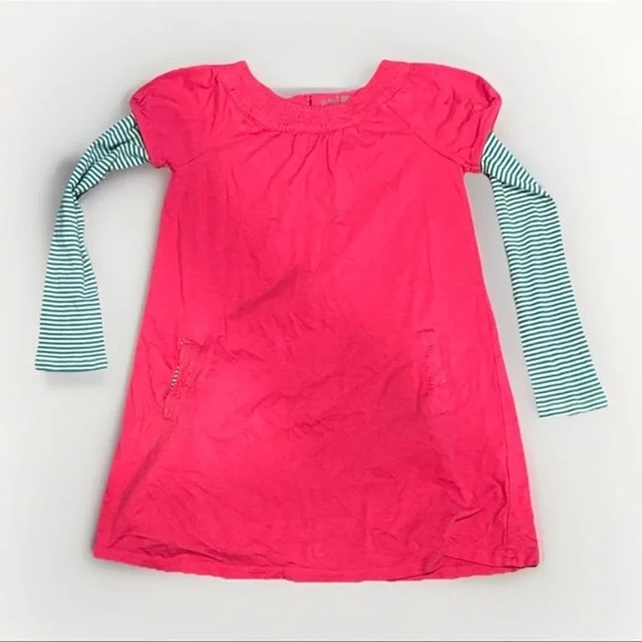 Mini Boden Girls Dress 6-7 Years Pink Green Stripe Long Sleeve Pockets Cotton