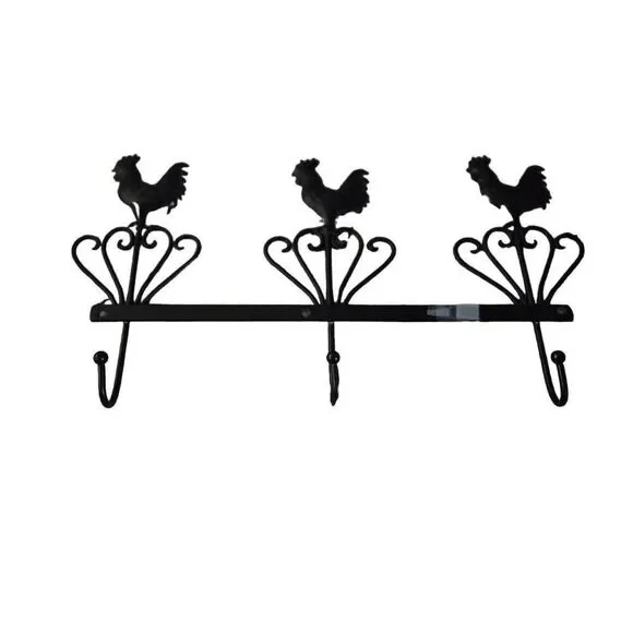Vintage 3 Hooks Metal Wall Mount Rooster Hat and Key Ring Holder Decor