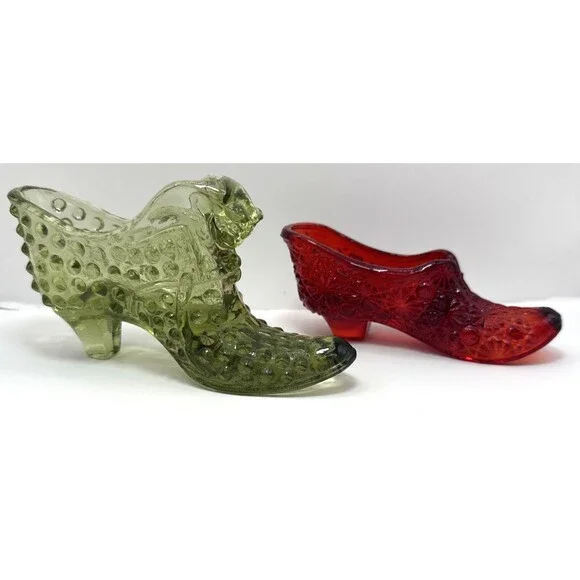 VTG USA Fenton Colonial Green Hobnail Slipper Shoe Ruby Red Daisy and Button