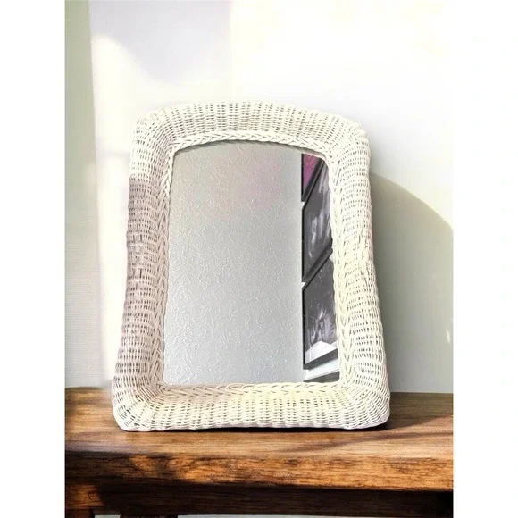 Large white wicker framed mirror vintage MCM retro 70's 27x18 Wall Hanging