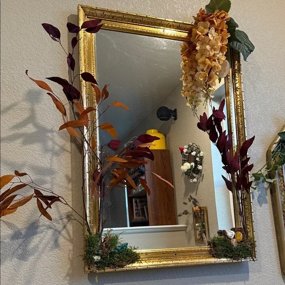 Gold Framed Wall Mirror with Floral Accents