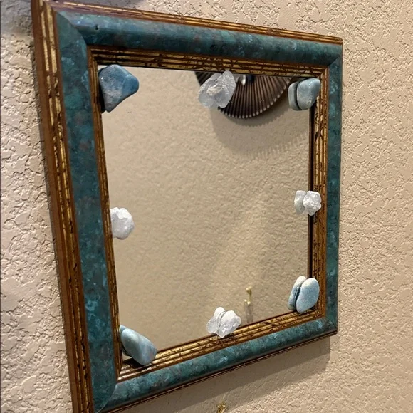 Elegant Square Mirror with Teal and White Accents