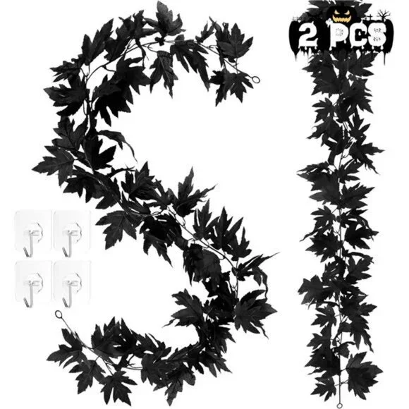 11.8FT Halloween Garland, 2 Pack Black Maple Leaf Garland, Realistic Halloween