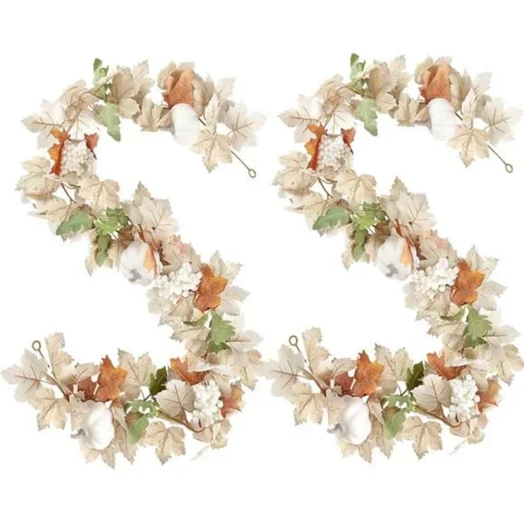 Fall Maple Leaf Garland with White Pumpkins Clusters of Berries