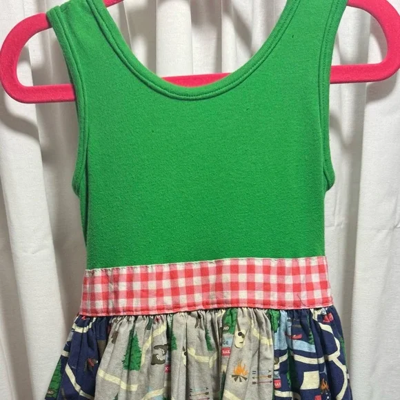 K Pea Green Tank Top Dress with Plaid Waistband and Patterned Skirt