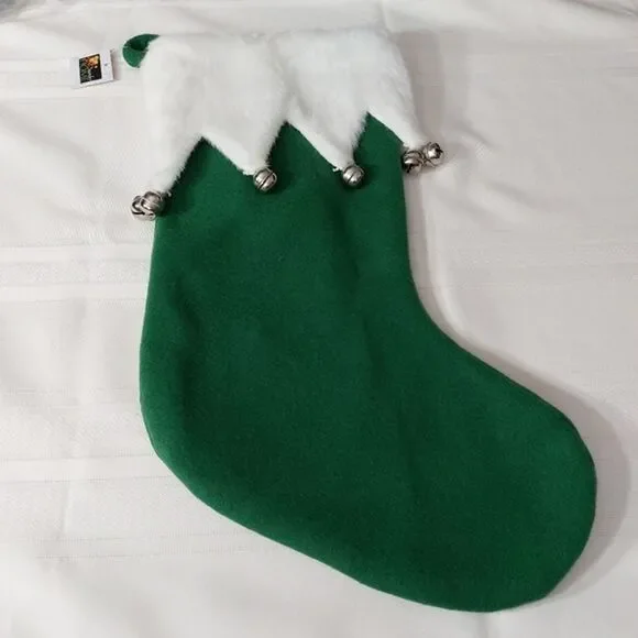 Green White Jingle Bells Elf Boot Holiday Christmas Stocking Hanging Sock