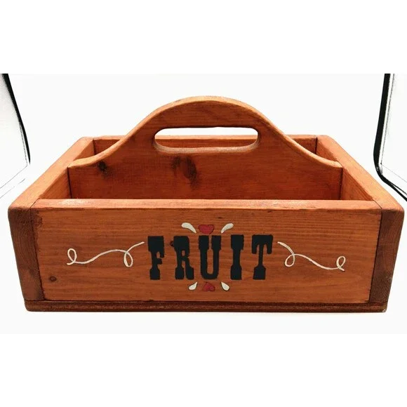 Vtg Wooden Box Caddy Farmhouse Hand Painted w/ Handle Catch All Storage Country