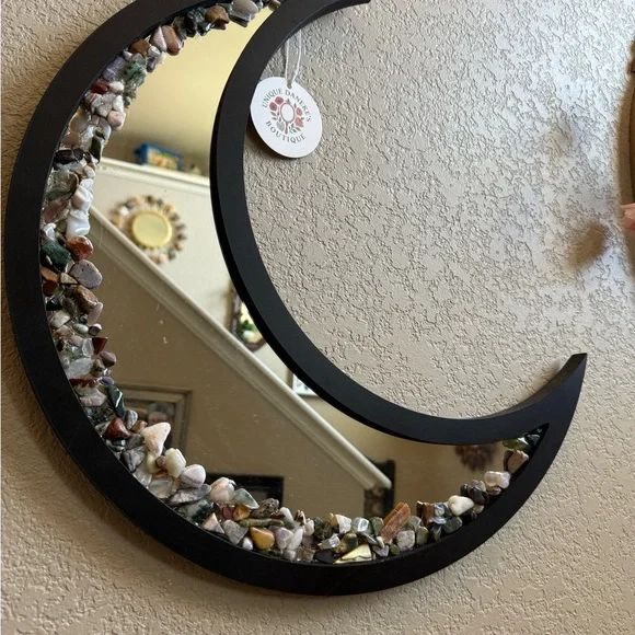 Elegant Black Crescent Mirror with Gemstone Detailing
