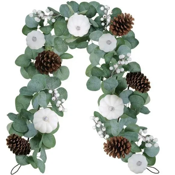 White Pumpkin Garland Artificial Eucalyptus with White Pumpkins Pinecones