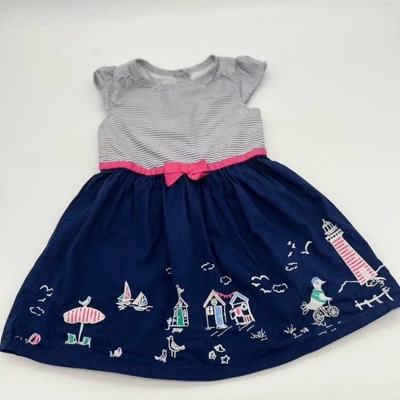 Gymboree Girls Navy Blue Striped Pink Bow Dress 3T