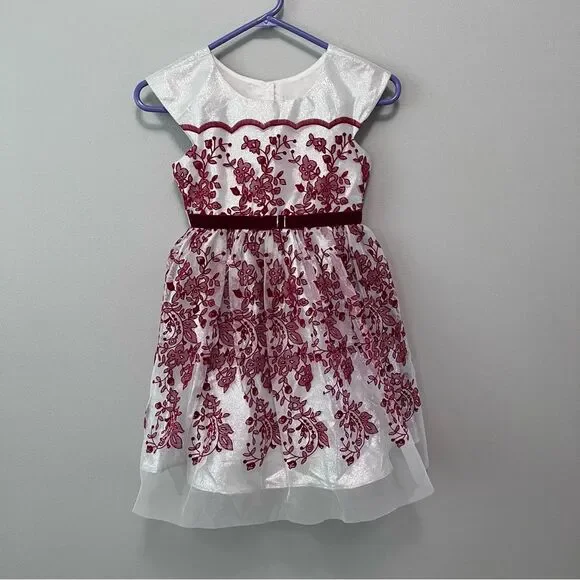 Jona Michelle White Dress with Burgundy Floral Design Size 7