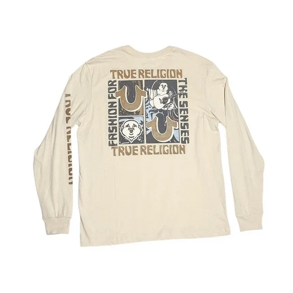True Religion Men's Tan Graphic Long Sleeve T-Shirt Size L‎ 100% Cotton