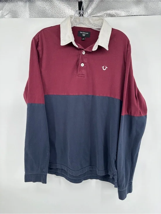 True Religion Y2K Hiphop Blockcore Urban Men’s Burgundy/Navy Rugby Shirt SzL