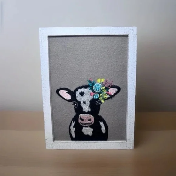 Charming Cow Embroidery Wall Art - White Frame