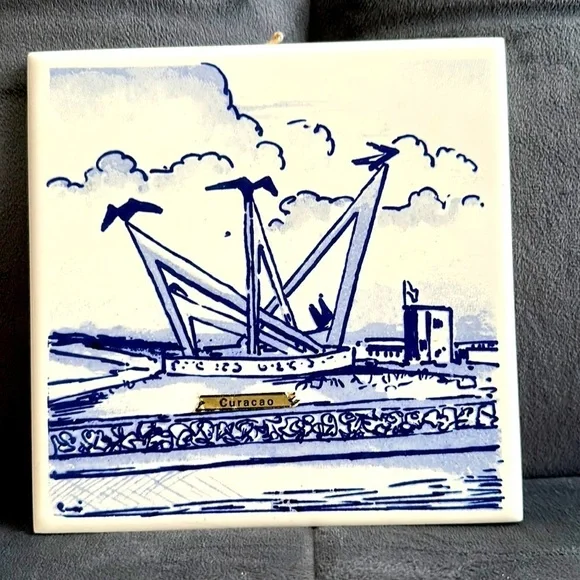 Vintage Tile trivet hand painted Decft Blue “Curaçao” made in France