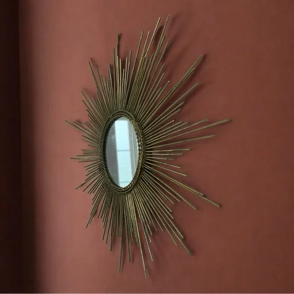 Vintage Retro Mid Century Modern Metal Sunburst Circle Accent Mirror Gold Color