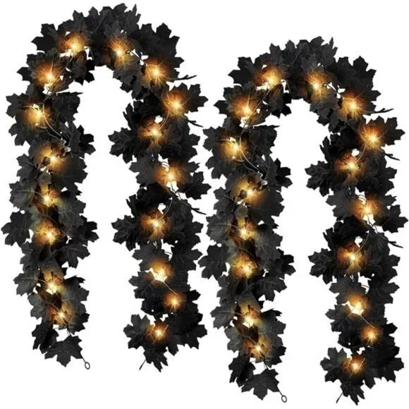 Black Leaf Garland with Yellow Lights, 2 Pack Halloween Artificial Hanging Fall
