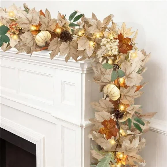 Fall Leaves Garland with Lights for Mantle Decor, 6 Ft Neutral Fall Ear Maple