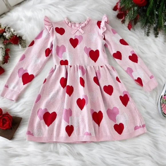 BEAUTIFUL Janie & Jack Kids Knit Pink Heart Sweater Dress | Girls 4T