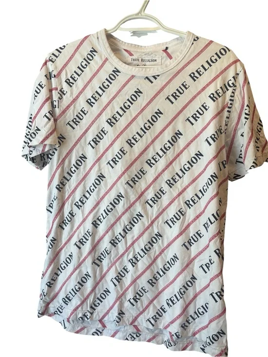 ⭐️True Religion White Tee with Black and Red Diagonal Logo Print