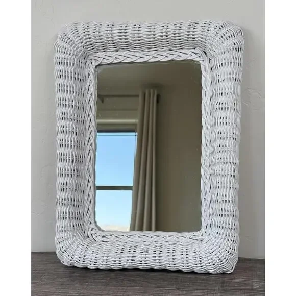 Vintage Boho White Wicker Wall Mirror Rectangle Cottagecore 16”x12” Hong Kong