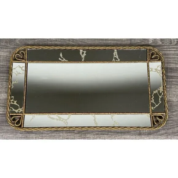 Vtg Vanity Mirror Tray Antique Brass Rope Edge w/Heart Shapes 15 1/8'' x 8 1/8''