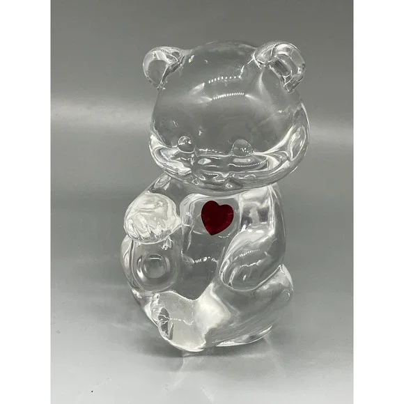 Fenton Teddy Bear Figurine with‎ Red Heart Clear Art Glass Paperweight