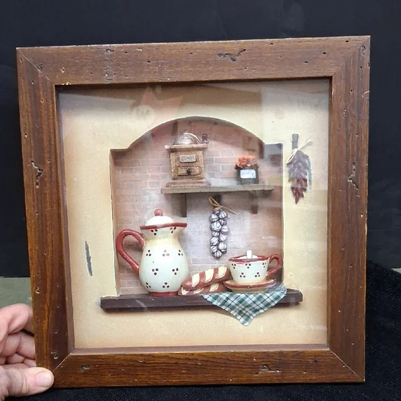 Country kitchen diorama shadow‎ box featuring coffee/tea miniatures