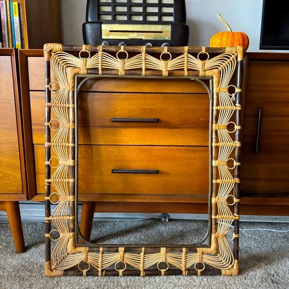 Italian Rattan Wicker Mirror Frame – Mid Century Boho Bamboo Style