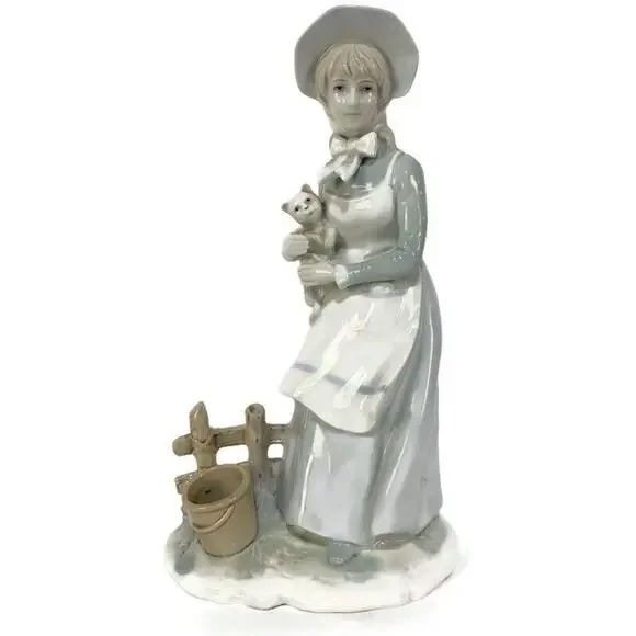 Norleans Porcelain Figurine Woman With Cat In The Style of Lladro 8.5