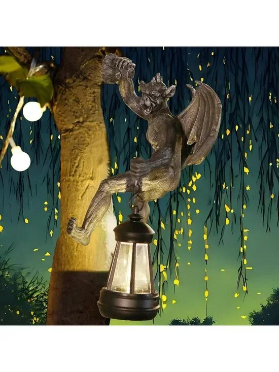 Gothic Dragon Winged Gargoyle Solar Lantern Wall Decor for Garden & Patio Gift