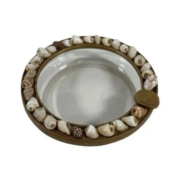 Real Seashell Encrusted Ashtray Glass Gold Tone Vintage Cigarette MCM Coastal