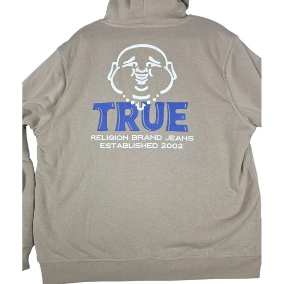True Religion Buddha Graphic Sherpa Fleece Hoodie Full Zip Hooded Sz XL‎ NWT Tan