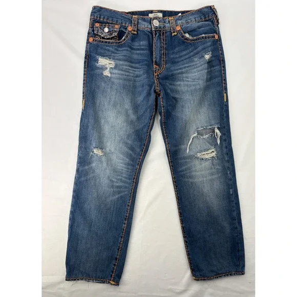 True Religion Ricky Jeans Mens 36 Blue Distressed Relaxed Straight Big Stitch