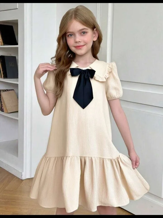 Girls' Cream Ruffled Collar Dress with Black Bow