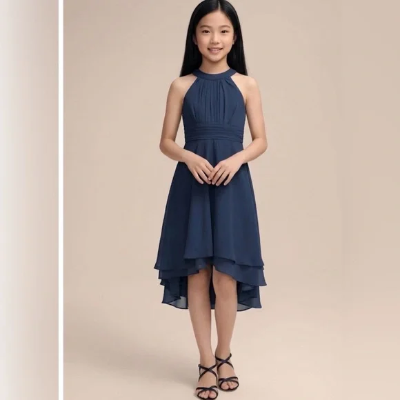 JJ’S House- NWT junior Ilona blue chiffon A-line pleated sleeveless dress SZ 6-7